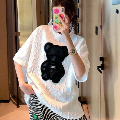 【40-80Kg】加大码女式T恤韩版BF熊刺绣短袖宽松全配休闲打底衬衫